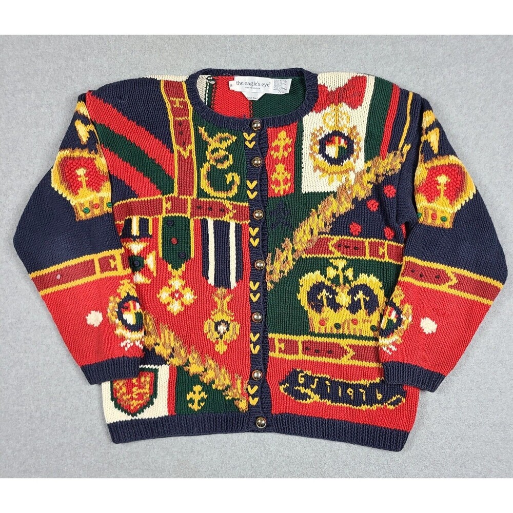 Vintage 1991 The Eagles Eye Crown Royalty Hand Knit Sweater Cardigan Sz M Knit